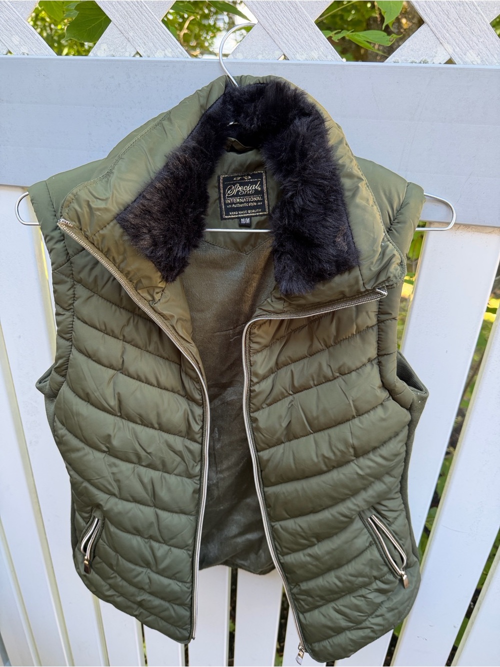 Olive Quilted Puffer Vest with Black Faux Fur Collar